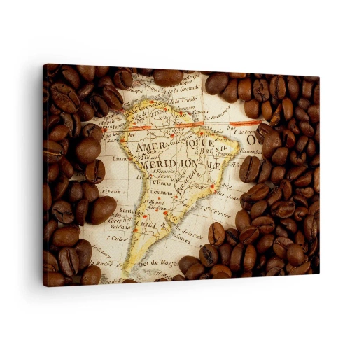 Schilderen op canvas - Een kaart van Zuid-Amerika, omringd door koffiebonen. - 70x50cm - Waar komt de beste koffie vandaan? - Moderne wanddecoratie voor woonkamer en slaapkamer ARTTOR