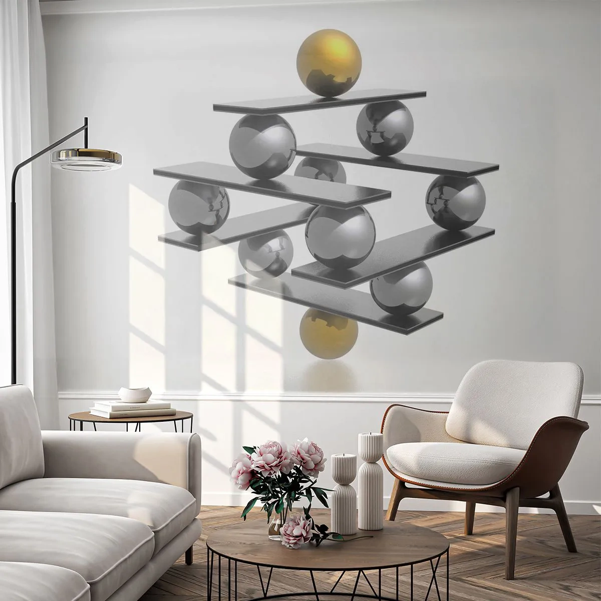 Zelfklevend Fotobehang Deluxe Sticker - Goud-zilver balans - Abstractie, Metalen ballen, 3D - 250x175 cm