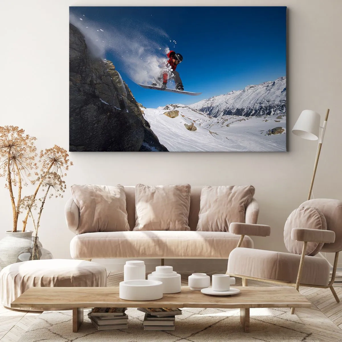Schilderen op canvas - Een snowboarder springt van een rots tegen een berglandschap - 70x50cm - En je werd een deel van de ruimte - Moderne wanddecoratie voor woonkamer en slaapkamer ARTTOR