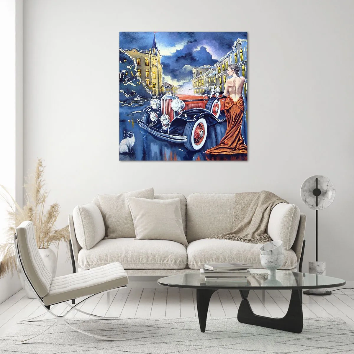 Schilderen op glas - Nocturne in blauw en koraal - 50x50 cm