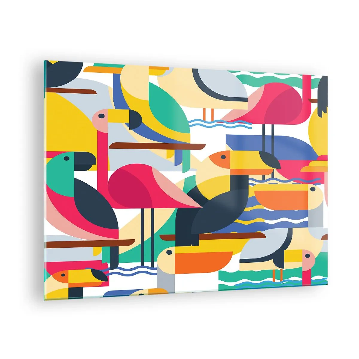 Schilderen op glas - Abstracte illustratie van kleurrijke vogels in geometrische stijl - 70x50cm - Vogelfeestje - Moderne wanddecoratie voor woonkamer en slaapkamer ARTTOR