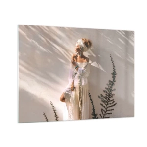 Schilderen op glas - Een vrouw in boho-stijl tegen de achtergrond van een lichte muur en schaduwen van planten - 70x50cm - De zon en het meisje - Moderne wanddecoratie voor woonkamer en slaapkamer ARTTOR