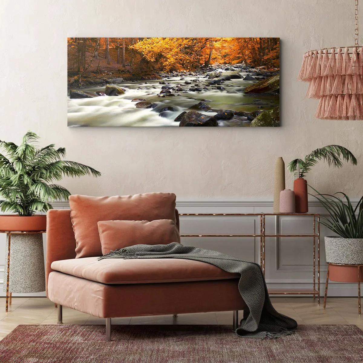 Schilderen op canvas - Een stroom in een gouden bos - 160x50 cm