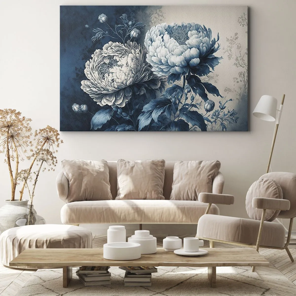 Schilderen op canvas - Blauwe pioenrozen op een subtiele achtergrond met een delicaat patroon - 70x50cm - Bij elkaar passend paar - Moderne wanddecoratie voor woonkamer en slaapkamer ARTTOR