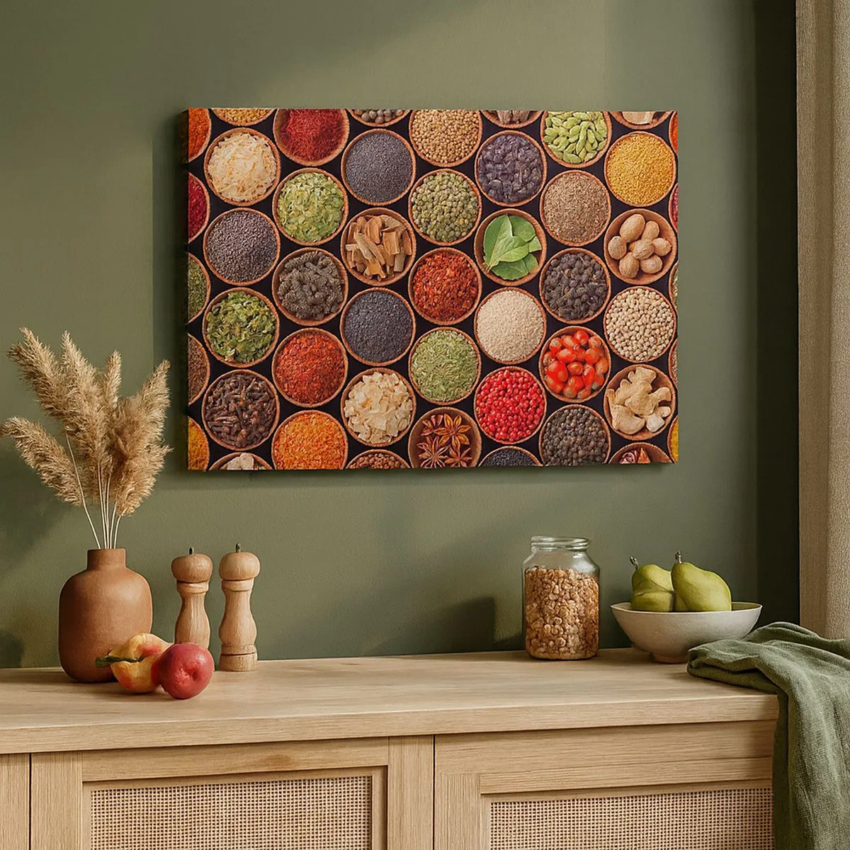 Schilderen op canvas - Kleurrijke kruiden in ronde bakjes - 70x50cm - Alle smaken van de wereld - Moderne wanddecoratie voor woonkamer en slaapkamer ARTTOR