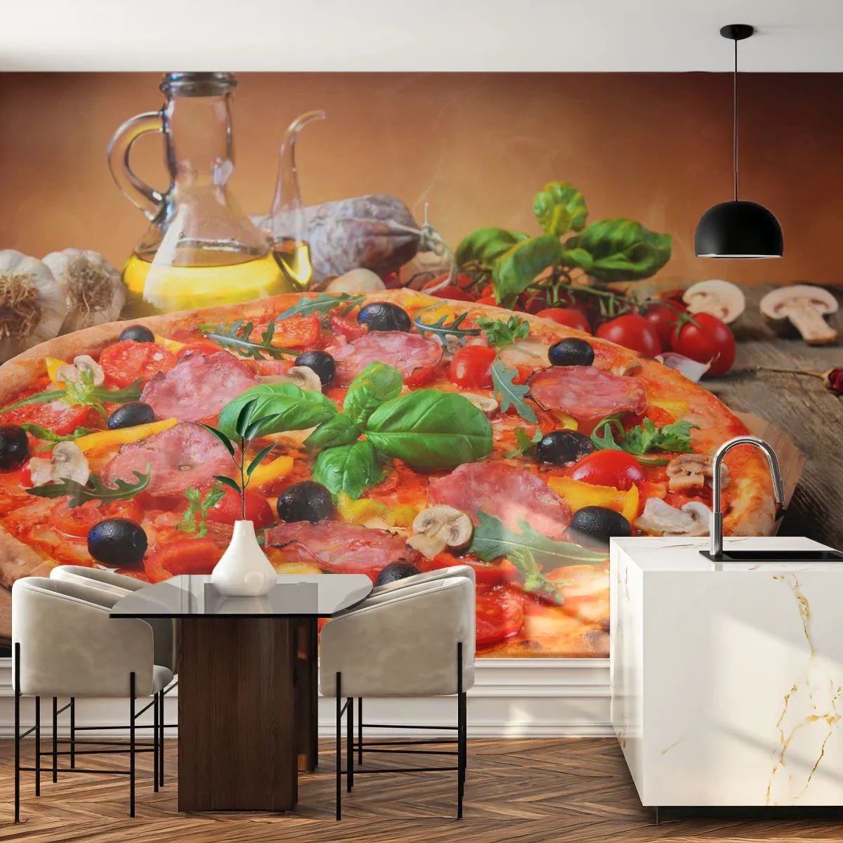 Zelfklevend Fotobehang Deluxe Sticker - Met echte Italiaanse smaak - Gastronomie, Pizza, Italië - 300x210 cm