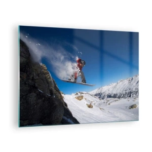Schilderen op glas - Een snowboarder springt tegen een bergachtergrond - 70x50cm - En je werd een deel van de ruimte - Moderne wanddecoratie voor woonkamer en slaapkamer ARTTOR
