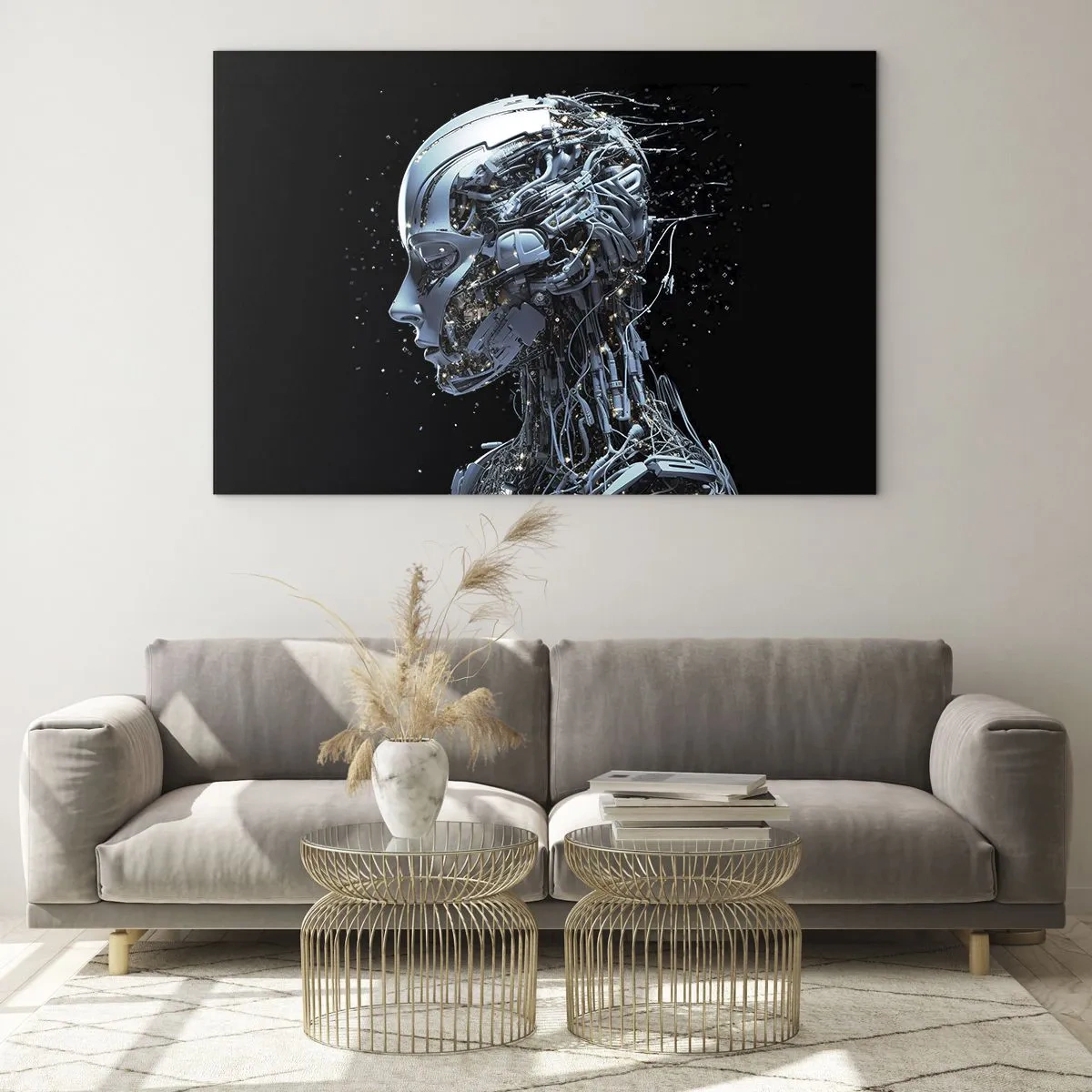 Schilderen op glas - Profiel van een vrouwelijke robot met draden en mechanismen - 70x50cm - Technologie is een vrouw - Moderne wanddecoratie voor woonkamer en slaapkamer ARTTOR