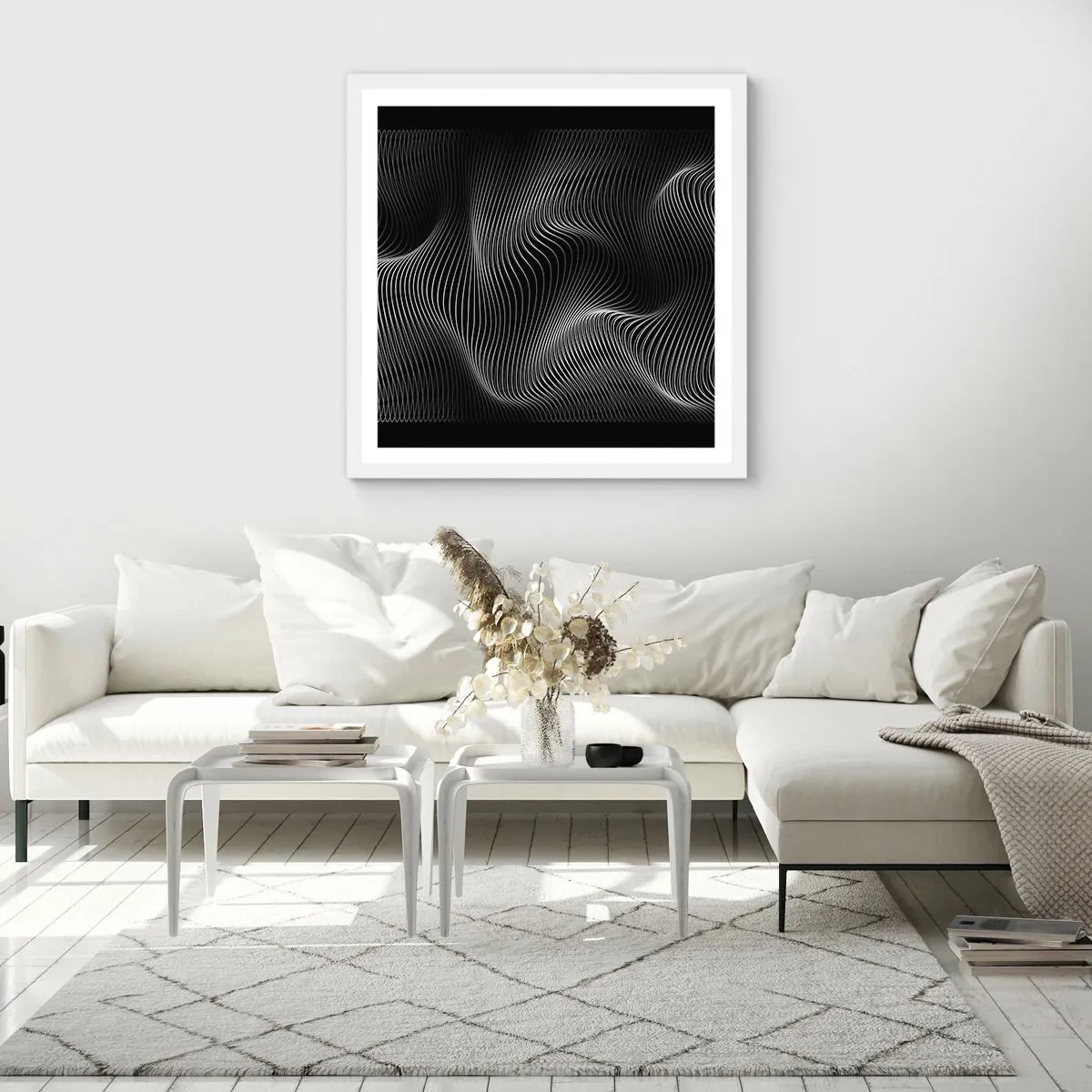 Poster in een witte lijst - Dans van licht in de ruimte - 50x50 cm