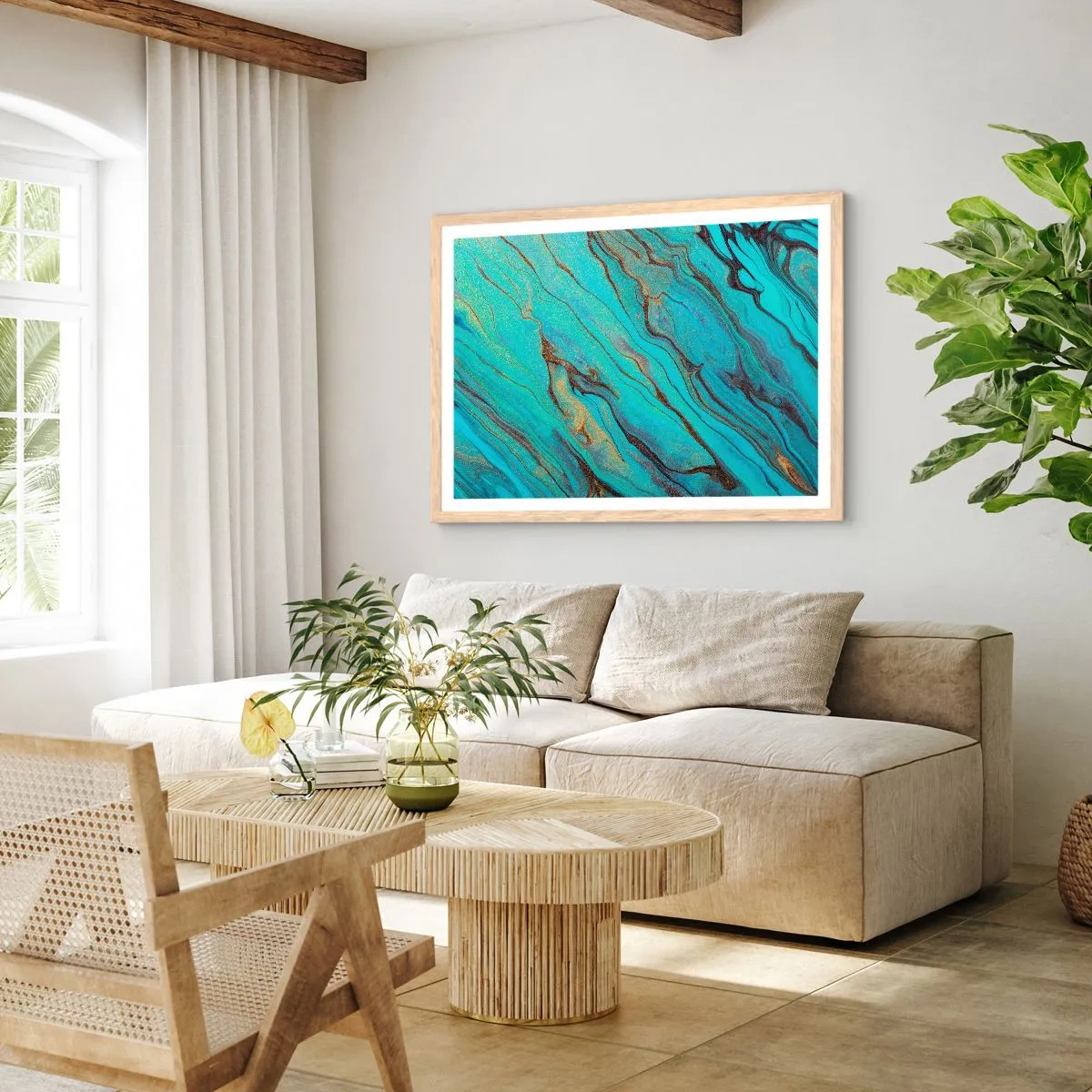 Een poster in een licht eiken lijst - Turquoise vloed - 50x40 cm