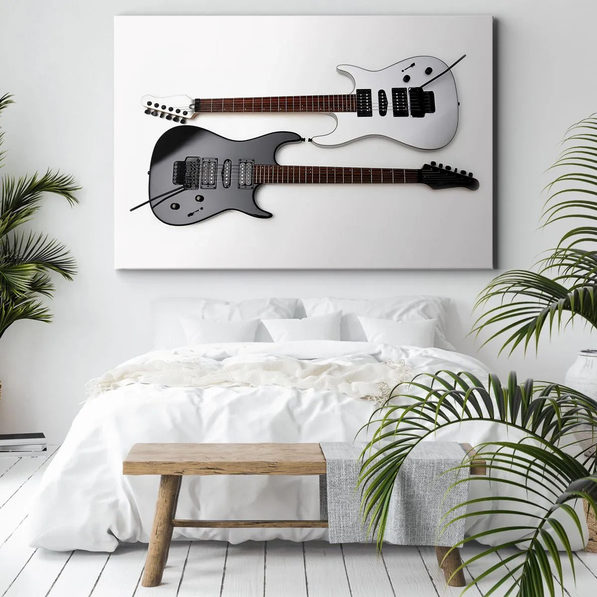 Schilderen op canvas - Twee elektrische gitaren in zwart-wit op een lichte achtergrond. - 70x50cm - Harmonie van vormen - Moderne wanddecoratie voor woonkamer en slaapkamer ARTTOR