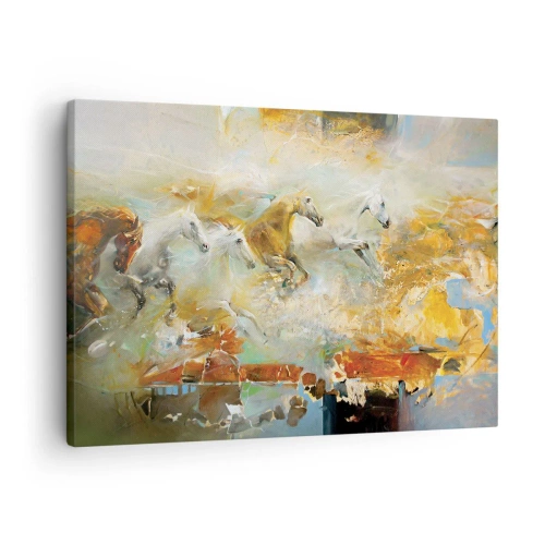 Schilderen op canvas - Artistieke paarden in een dynamische, kleurrijke setting - 70x50cm - Galopperen door het licht - Moderne wanddecoratie voor woonkamer en slaapkamer ARTTOR