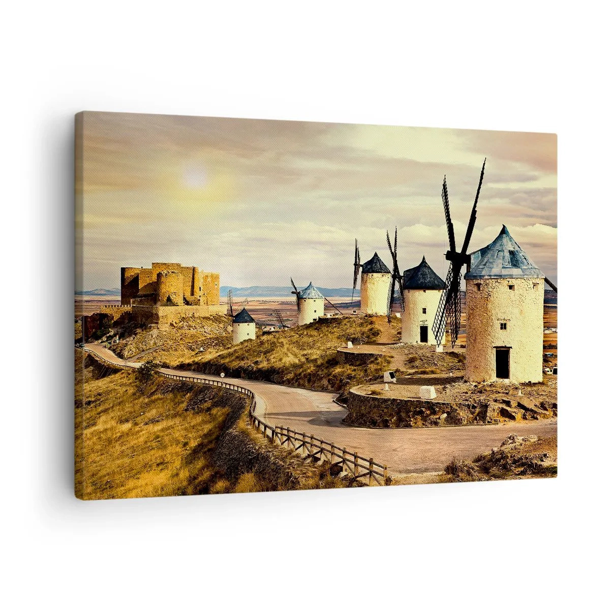 Schilderen op canvas - Windmolens op de heuvels met een historisch kasteel op de achtergrond - 70x50cm - Don Kichot zal snel hier zijn. - Moderne wanddecoratie voor woonkamer en slaapkamer ARTTOR