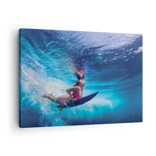 Schilderen op canvas - Een surfer onder water in een dynamische compositie met blauwtinten. - 70x50cm - De diepte van vreugde - Moderne wanddecoratie voor woonkamer en slaapkamer ARTTOR