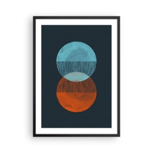 Poster in een zwarte lijst - Abstracte cirkels in tinten blauw en oranje - 50x70cm - Astronomische fantasie - Moderne wanddecoratie voor woonkamer en slaapkamer ARTTOR