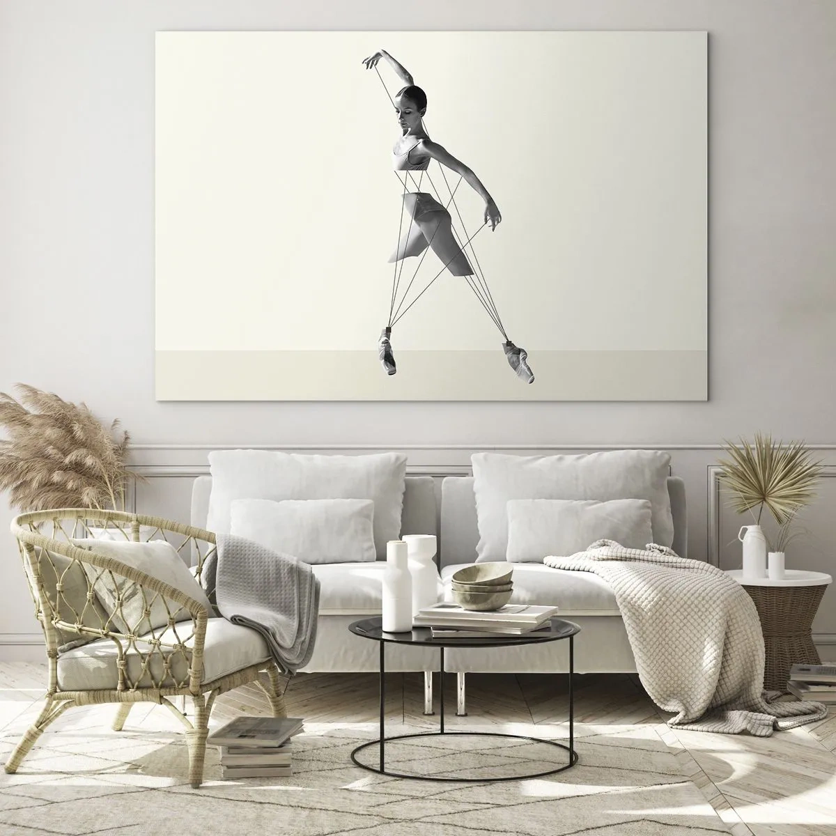 Schilderen op glas - Zwart-wit silhouet van een ballerina met een geometrisch lijnenmotief - 70x50cm - In het theater van de wereld - Moderne wanddecoratie voor woonkamer en slaapkamer ARTTOR