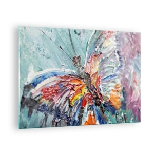 Schilderen op glas - Kleurrijke vlinder in abstracte stijl op een blauwe achtergrond - 70x50cm - Geschilderd door de natuur - Moderne wanddecoratie voor woonkamer en slaapkamer ARTTOR