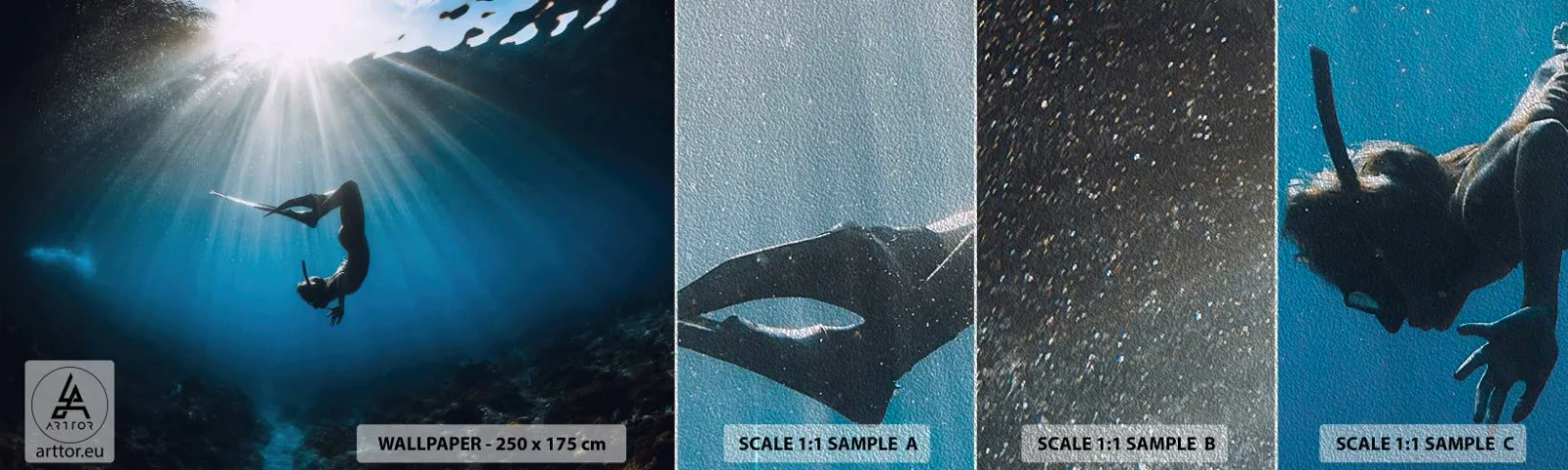 Fotobehang Monster Premium Sand - onderwaterdans - Onderwater grot, Stralen van de zon, Duiken - 100x30 cm