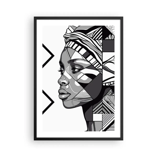 Poster in een zwarte lijst - Geometrisch portret van een vrouw in zwart-wit - 50x70cm - Etnisch portret - Moderne wanddecoratie voor woonkamer en slaapkamer ARTTOR