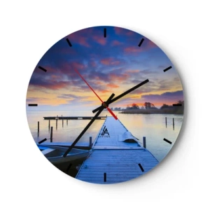 Wandklok - Klok - Pier aan het meer bij zonsopgang - 30x30cm - Violet-gouden kalmte - Moderne wanddecoratie voor woonkamer, keuken en slaapkamer ARTTOR