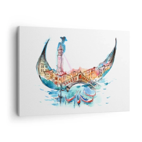 Schilderen op canvas - Een aquarelcompositie van Venetië in de vorm van een gondel - 70x50cm - We varen door de stad - Moderne wanddecoratie voor woonkamer en slaapkamer ARTTOR