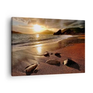 Schilderen op canvas - Strand bij zonsondergang met stenen aan de kust - 70x50cm - Volg de zon naar de heuvels - Moderne wanddecoratie voor woonkamer en slaapkamer ARTTOR