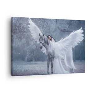 Schilderen op canvas - Een vrouw op een wit paard met vleugels in een magisch bos - 70x50cm - Een geïnspireerd moment - Moderne wanddecoratie voor woonkamer en slaapkamer ARTTOR