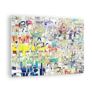 Schilderen op glas - Een abstracte compositie met een mix van kleuren en opschriften. - 70x50cm - Het is gewoon een lust voor het oog - Moderne wanddecoratie voor woonkamer en slaapkamer ARTTOR