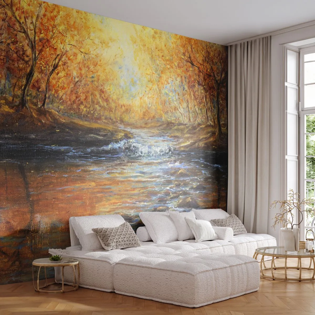 Fotobehang Standard Eco - De gouden stroom - Landschap, Berg rivier, Woud - 400x280 cm