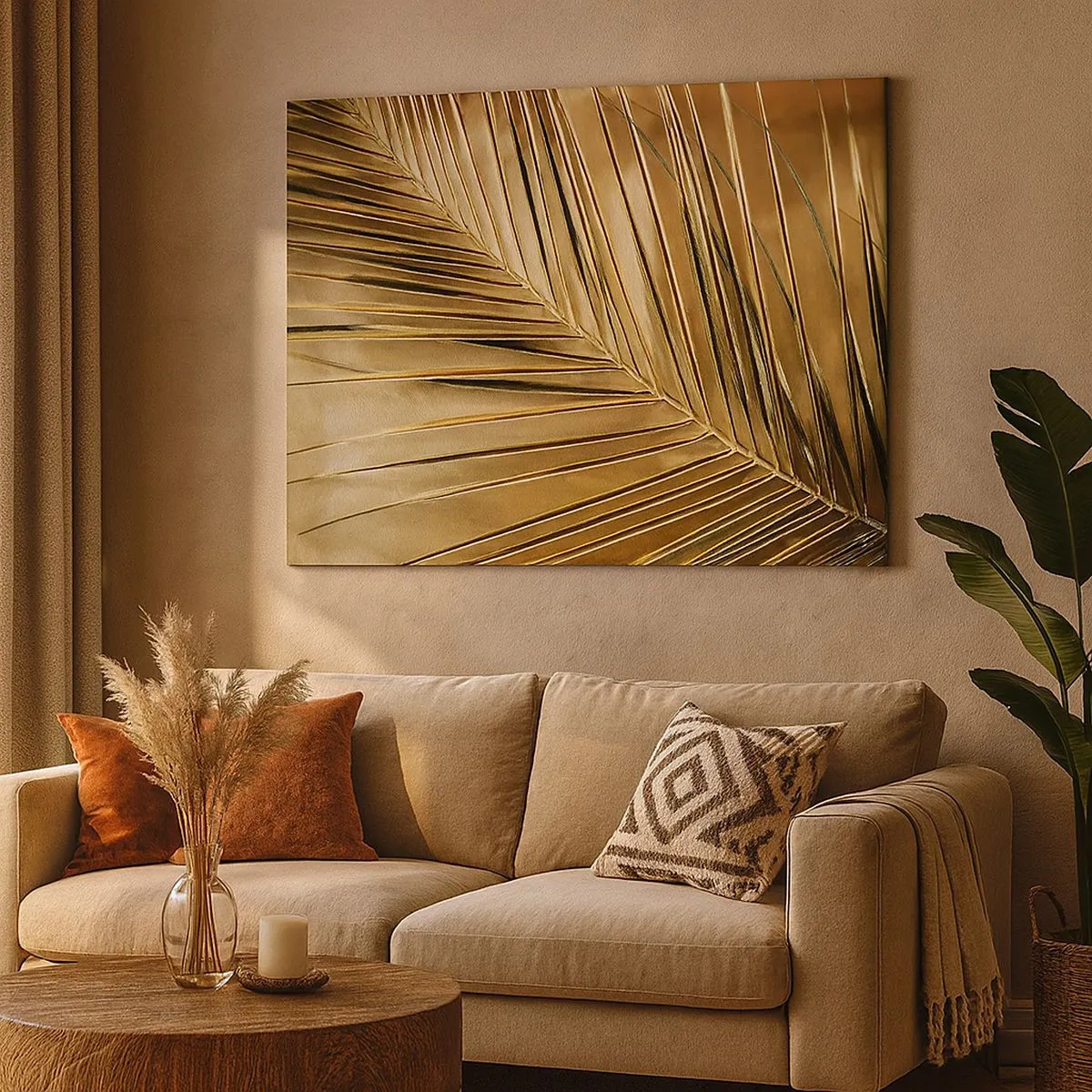 Schilderen op canvas - Gouden palmblad op een effen achtergrond - 70x50cm - Natuurlijke zuilengalerij - Moderne wanddecoratie voor woonkamer en slaapkamer ARTTOR