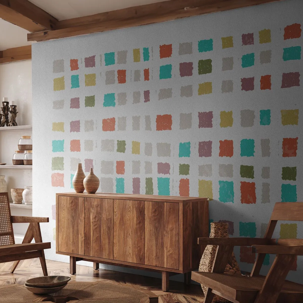 Zelfklevend Fotobehang Deluxe Sticker - Onbekend spel - Pastel, Vierkantjes, Minimalisme - 150x105 cm