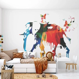 Fotobehang Standard Eco - Kleurrijke olifant in abstracte vorm met vlinders - 100x70cm - Iedereen kan dansen - Moderne wanddecoratie voor woonkamer en slaapkamer ARTTOR
