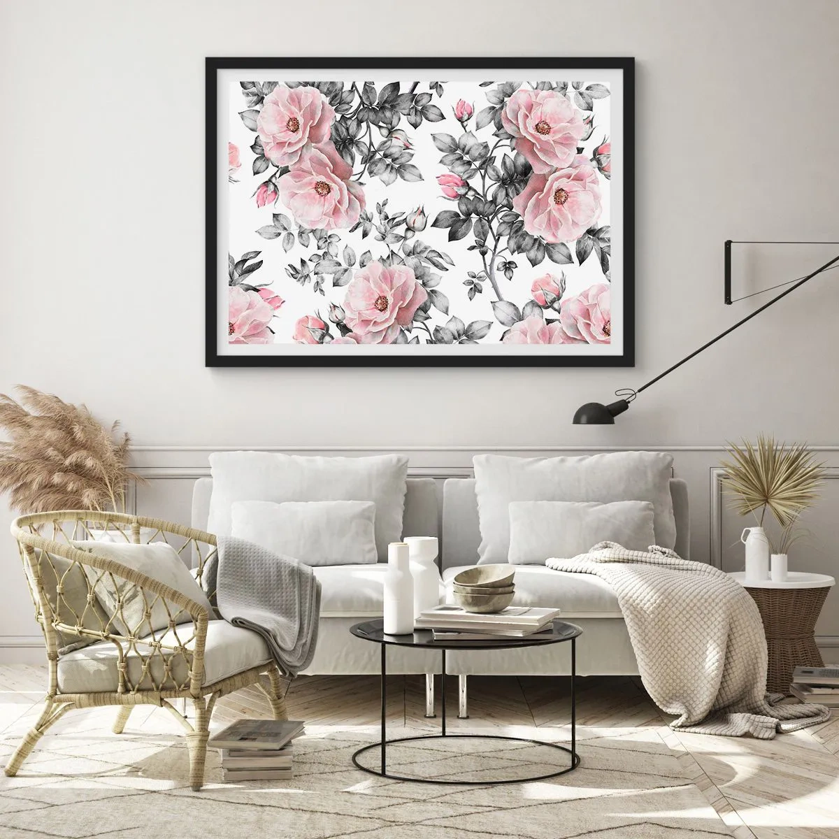 Poster in een zwarte lijst - Verdwalen in de bloemen van de rozen - 91x61 cm