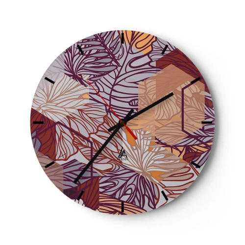 Wandklok - Klok - Abstracte bladeren in tinten paars, oranje en beige - 30x30cm - Onmogelijke relatie tussen geometrie en natuur - Moderne wanddecoratie voor woonkamer, keuken en slaapkamer ARTTOR