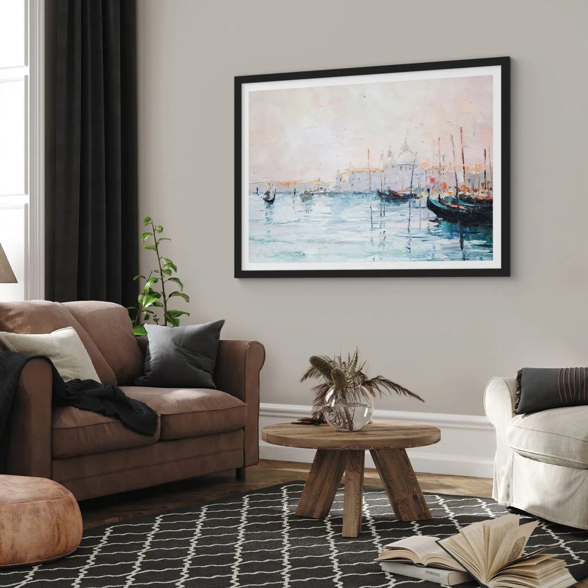 Poster in een zwarte lijst - Achter het water, achter de mist - 40x30 cm