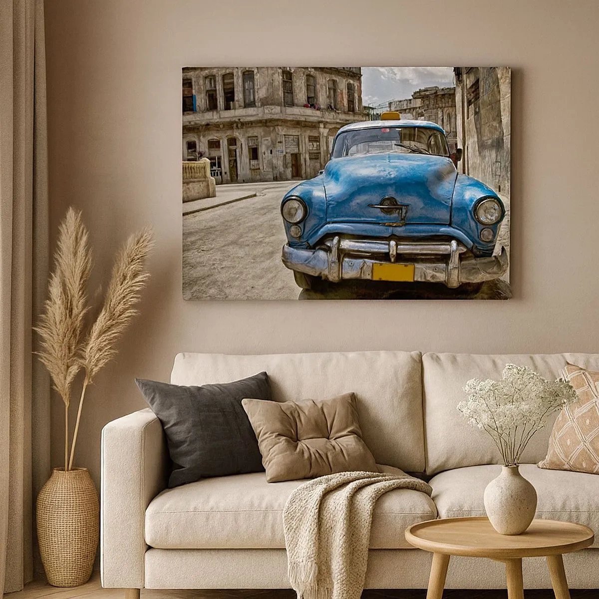 Schilderen op canvas - Een oude blauwe auto op straat in retrostijl - 70x50cm - Het oude is mooi - Moderne wanddecoratie voor woonkamer en slaapkamer ARTTOR
