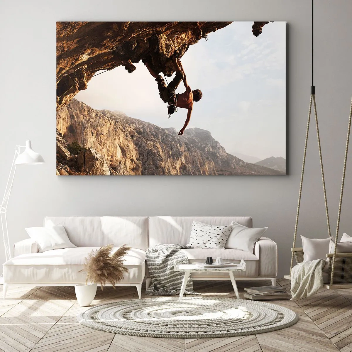 Schilderen op canvas - De wereld gekrompen in een hand op een rotsblok  - 120x80 cm