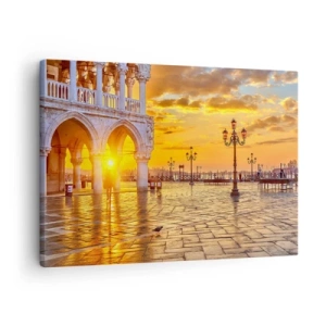 Schilderen op canvas - Gouden zonsondergang op het stadsplein met arcaden en lampen - 70x50cm - Waar is iedereen? - Moderne wanddecoratie voor woonkamer en slaapkamer ARTTOR