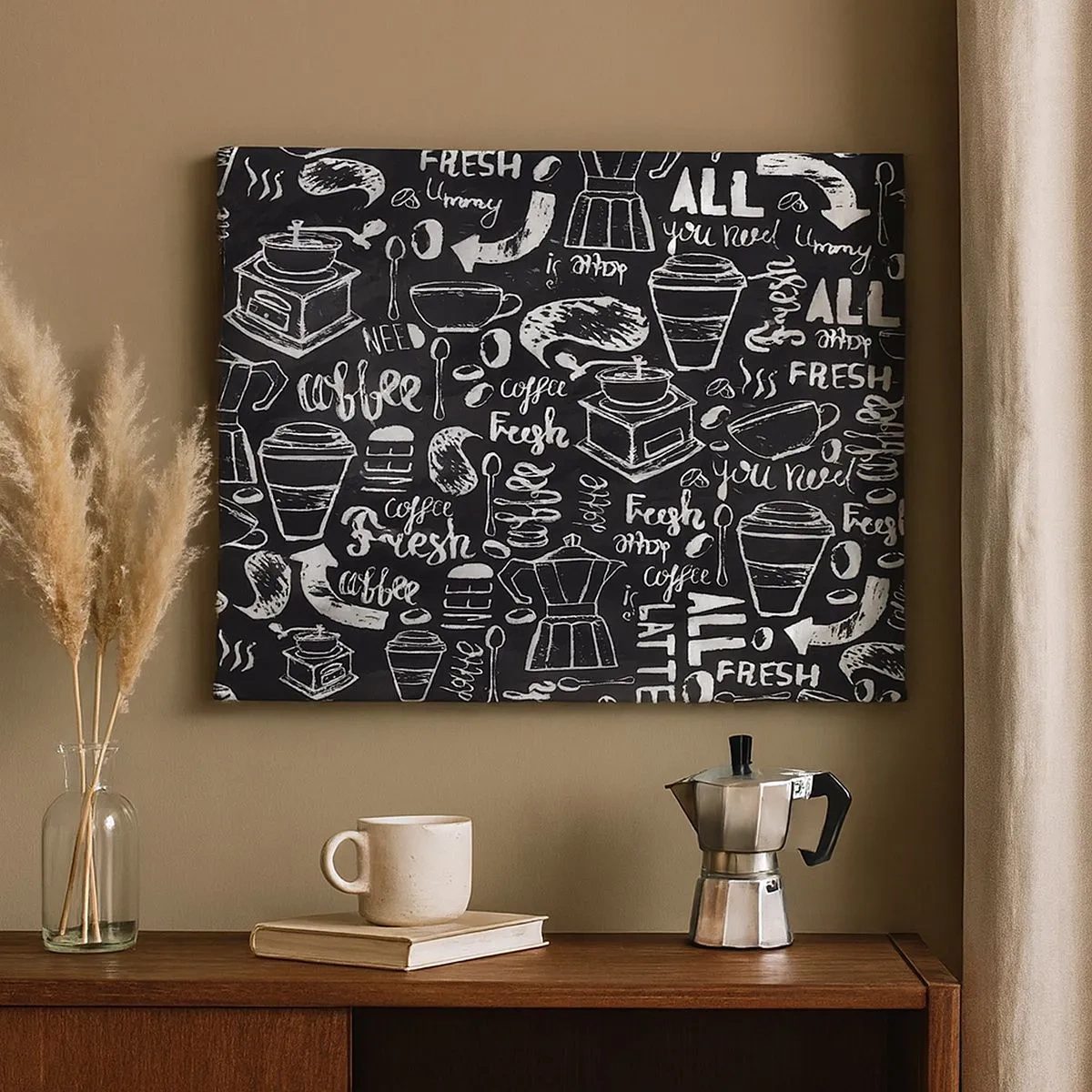 Schilderen op canvas - Stijlvolle koffie-graphics op een zwarte achtergrond - 70x50cm - Alles wat je nodig hebt is… - Moderne wanddecoratie voor woonkamer en slaapkamer ARTTOR