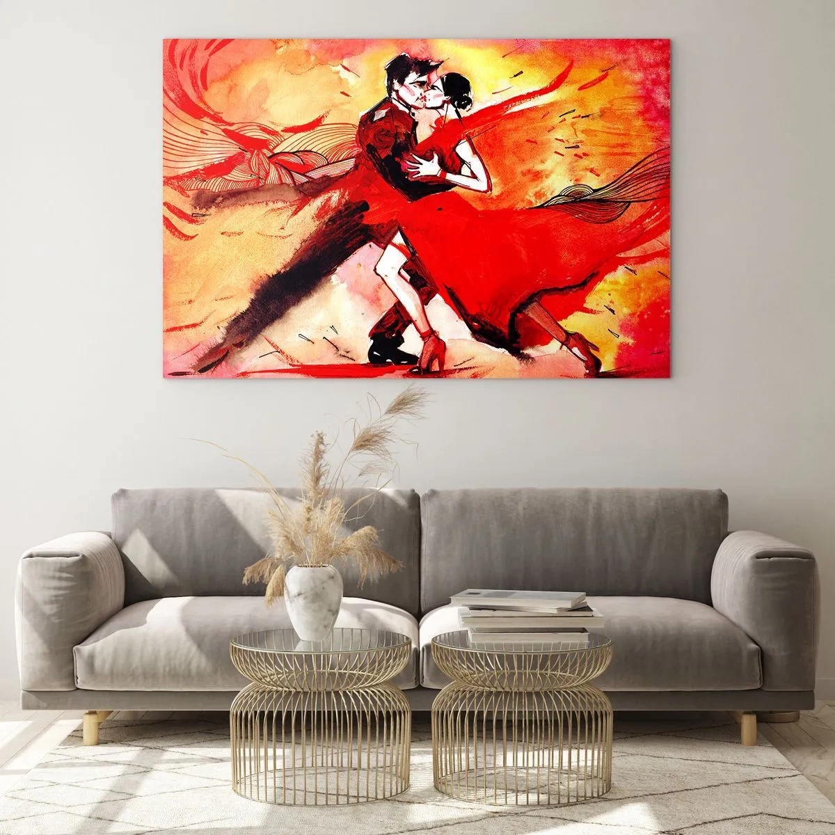 Schilderen op glas - Een paar dat danst in een dynamische rode compositie - 70x50cm - Het paarse ritme van passie - Moderne wanddecoratie voor woonkamer en slaapkamer ARTTOR