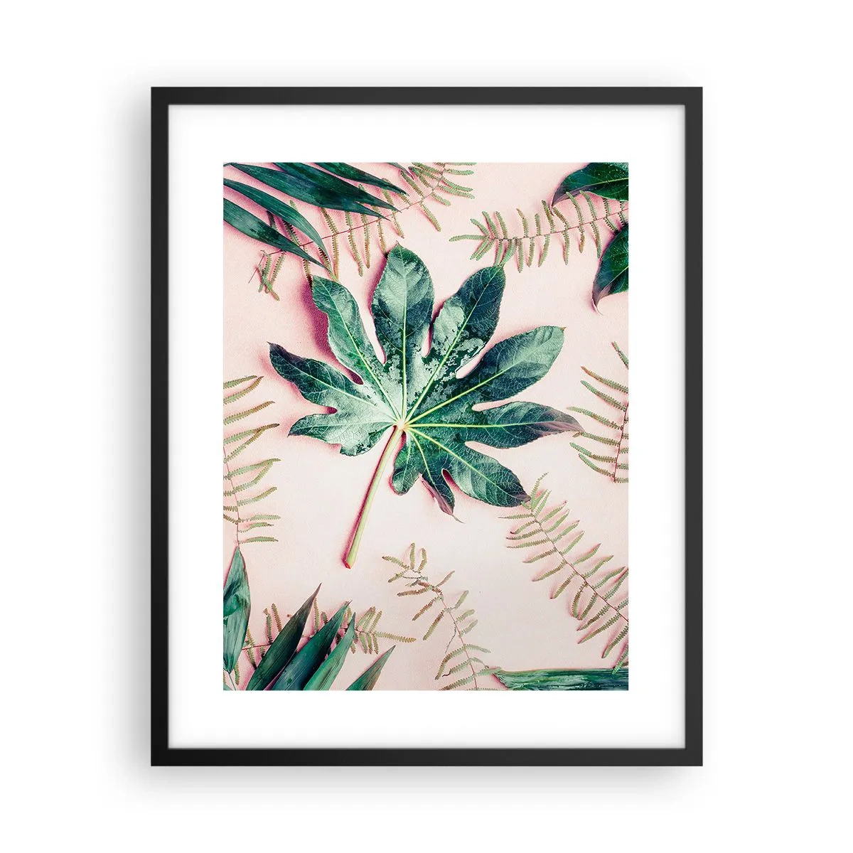 Poster in een zwarte lijst - Een studie van groen op een roze achtergrond - 40x50 cm