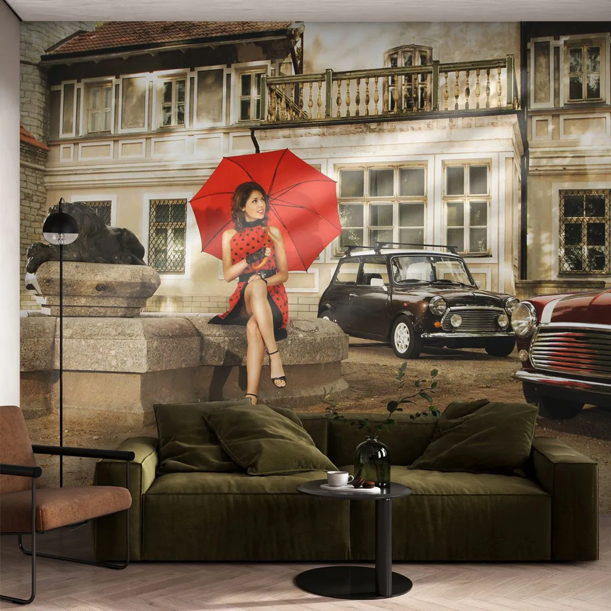 Fotobehang Premium Sand - Een sentimentele mini-reis - Vrouw, Architectuur, Auto - 400x280 cm