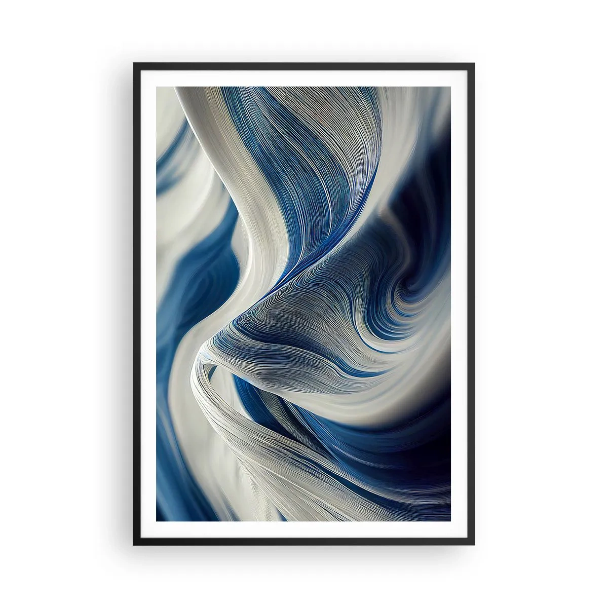 Poster in een zwarte lijst - De vloeibaarheid van blauw en wit - 70x100 cm