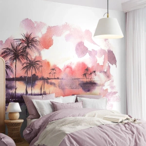 Zelfklevend Fotobehang Deluxe Sticker - De rust van de tropen in het rood - Landschap, Kokospalm, Grafisch - 300x210 cm