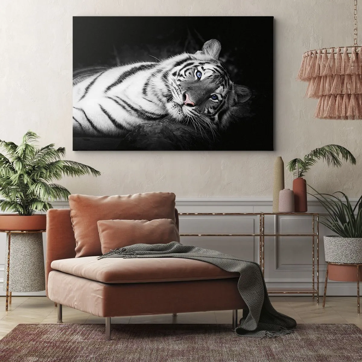 Schilderen op canvas - Een artistiek weergegeven witte tijger tegen een zwarte achtergrond - 70x50cm - Wildheid en vrede - Moderne wanddecoratie voor woonkamer en slaapkamer ARTTOR