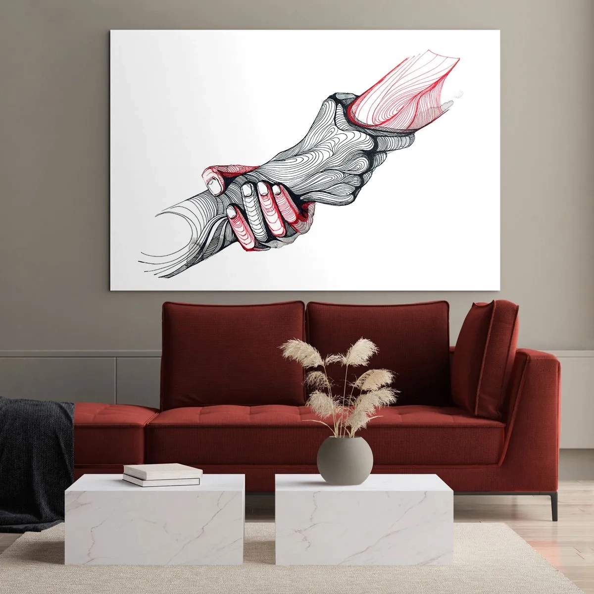 Schilderen op glas - Abstracte tekening van twee handen in een handdruk - 70x50cm - Je bent in goede handen - Moderne wanddecoratie voor woonkamer en slaapkamer ARTTOR