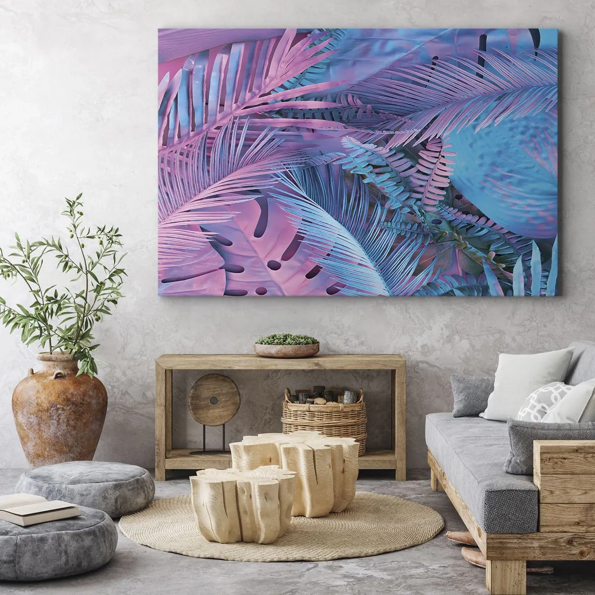 Schilderen op canvas - Tropische bladeren in tinten roze en blauw - 70x50cm - Tropen in roze en blauw - Moderne wanddecoratie voor woonkamer en slaapkamer ARTTOR