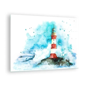 Schilderen op glas - Een vuurtoren omringd door zeegolven in aquarelstijl - 70x50cm - Eenheid van de elementen - Moderne wanddecoratie voor woonkamer en slaapkamer ARTTOR