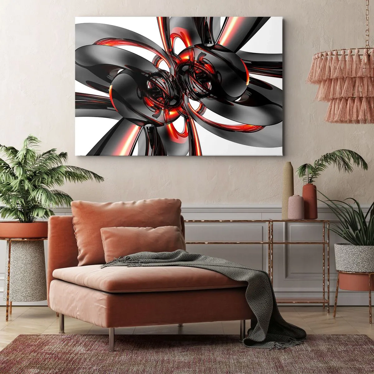 Schilderen op canvas - Abstracte 3D-graphics met zwarte en rode elementen - 70x50cm - Beweging in grafiet en rood - Moderne wanddecoratie voor woonkamer en slaapkamer ARTTOR