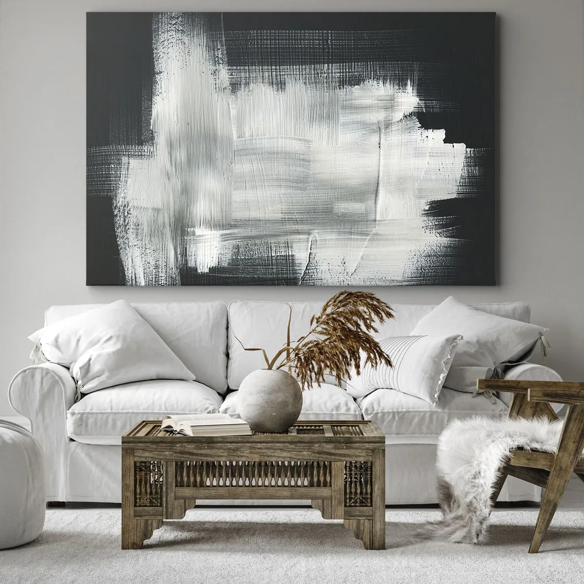 Schilderen op canvas - Witte abstracte strepen op een donkere achtergrond - 70x50cm - Geweven van verticaal en horizontaal - Moderne wanddecoratie voor woonkamer en slaapkamer ARTTOR